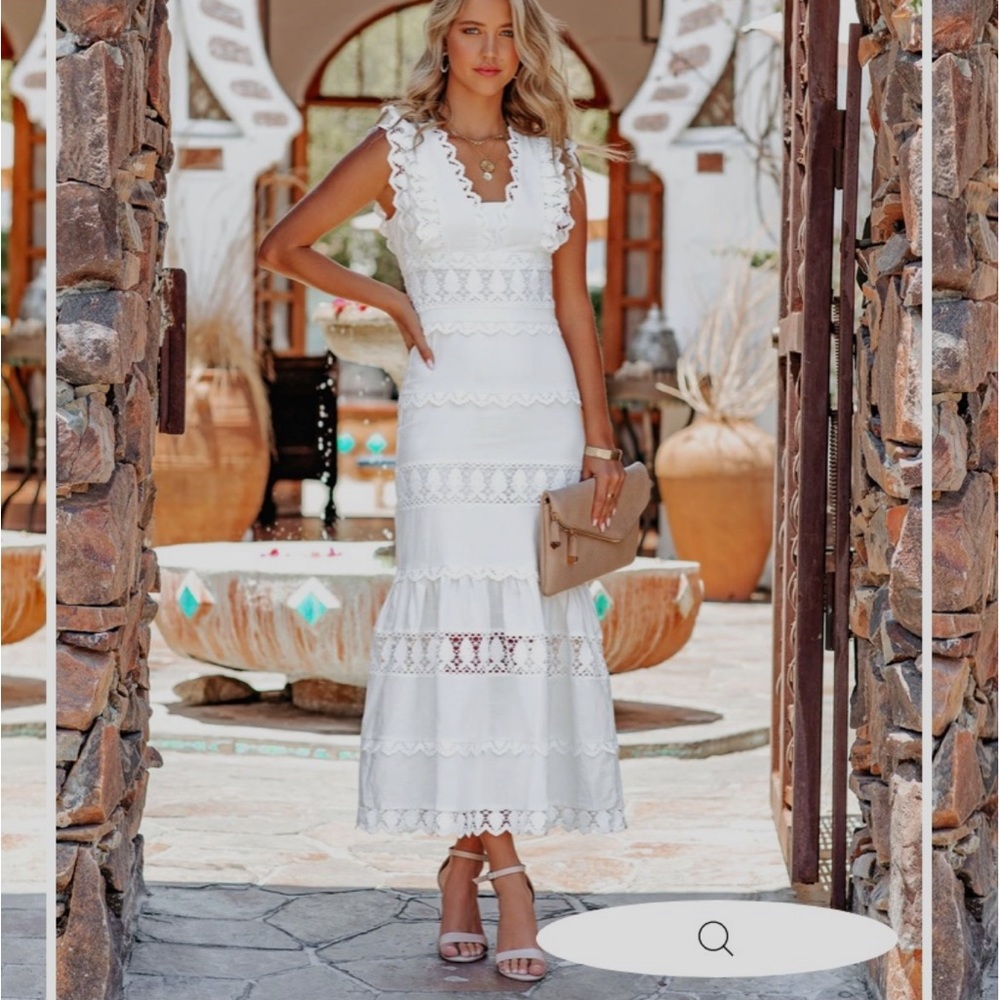Vici Sacha Cotton Linen Crochet Tiered Midi Dress